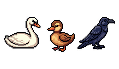 Fototapeta premium Colorful pixel art: swan, duckling, and raven in profile view