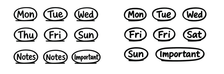 Hand drawn doodle set of days of the week and scheduling planner elements