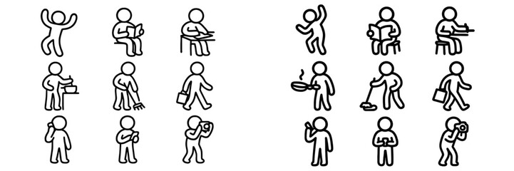 Outline icons representing common human actions, hobbies, and professional tasks
