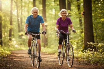 Obraz premium Seniors enjoy cycling on a forest path during the day with sunlight filtering through the trees in the background