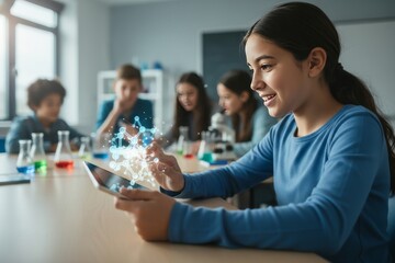 Children in classroom using tablet to explore concepts in science during group learning session, focusing on technology and creativity in education environment