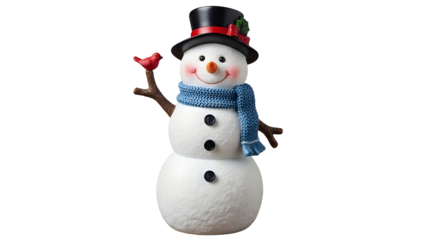 Cheerful snowman figurine wearing a black top hat and blue knitted scarf with a small red bird perched on its stick arm