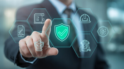 Business professional uses a futuristic transparent digital interface featuring hexagonal icons, including a glowing green shield symbolizing security.