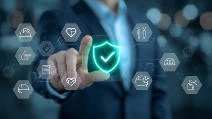 Business professional uses a futuristic transparent digital interface featuring hexagonal icons, including a glowing green shield symbolizing security.