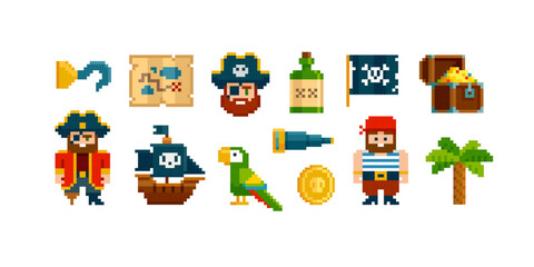Pixel art icons set of Pirates items. 8-bit Game assets of Pixel Pirates chatacters, Ship, flag, sailboat, Treasure chest, Treasure map, boat. Pirate ship, parrot. Editable vector pixelated design
