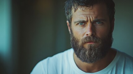 Obraz premium bearded man in white blank t-shirt, minimal indoor scene 