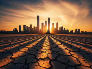Cityscape skyline at sunset over cracked earth landscape