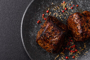 Grilled or barbecued beef steak, a fillet of meat cooked for dinner. Beef steak