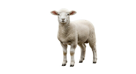 Fototapeta premium A fluffy white lamb stands alone looking directly at the viewer with curiosity and innocence.