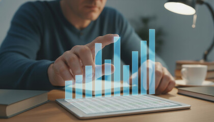 Man interacts with digital data on tablet during late evening at home while studying financial trends and analyzing graphs