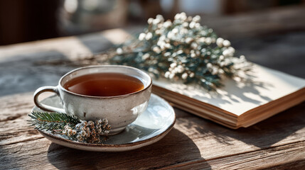 A ceramic cup of tea with pine sprig and frosted berries on a rustic saucer, beside an open book in warm winter light. Peaceful seasonal still life