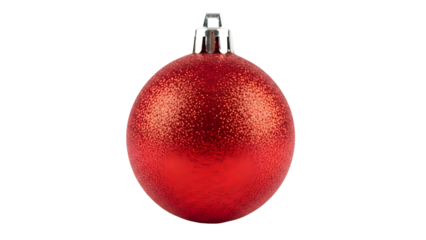 Single sparkling red Christmas tree ornament with silver cap against a deep for holiday decoration