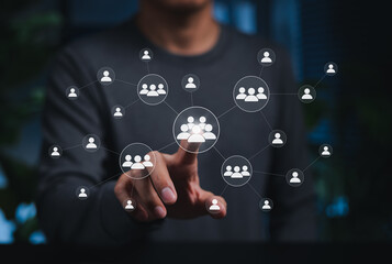 Social Network and Human Connection Concept. Person touching group icons, symbolizing teamwork, communication, collaboration, people connect, digital community, business networking, talking in a group