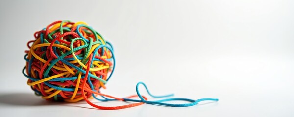 Colorful rubber bands form a tangled ball on white background. Vibrant hues create an abstract composition suggesting flexibility and resilience. This image represents challenges and solutions.