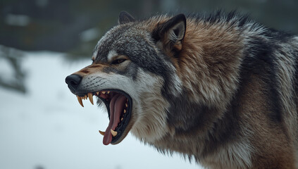 A powerful close-up of a wolf in a snowy winter landscape, displaying a fierce expression with its mouth open