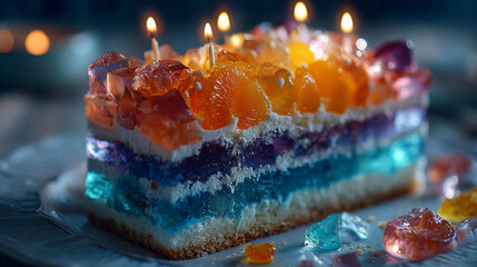 Fantasy dessert close-up: sponge, cream, blue–turquoise–purple gelatin, orange jelly, mandarin, luminous crystals. Playful futuristic mood, dopamine colors, perfect for party and branding visuals