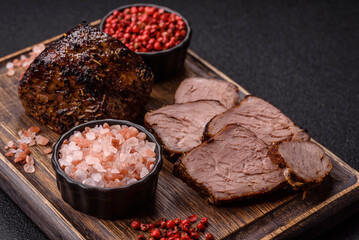 Grilled or barbecued beef steak, a fillet of meat cooked for dinner. Beef steak