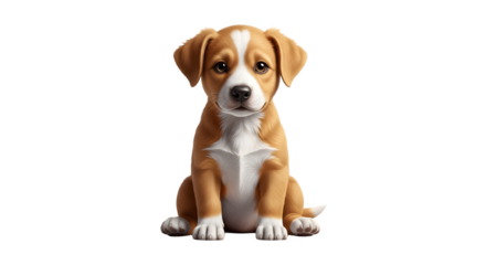 Adorable brown and white puppy sitting and looking forward.