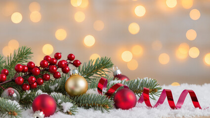Holiday decorations including red berries, fir branches, and baubles resting on snow, with a warm bokeh background
