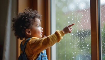Young child pointing at raindrops on window during daytime  
