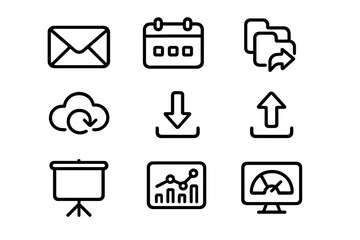 Outline icons set for digital business functions, data transfer, and performance monitoring