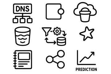Outline icons set for data management, cloud computing, networking, and business analysis
