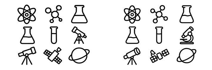 Essential icons for scientific research, laboratory tools, chemical structures, and space exploration