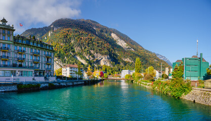 Scenic View of Aare River and Grand Hotel in Interlaken