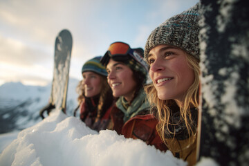 Three smiling young women snowboarders on a mountain ridge at golden hour — friends enjoying fresh powder, adventure and winter lifestyle