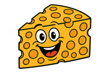 Happy cheese character cartoon illustration smiling, representing joy, freshness, and delicious food with a transparent background