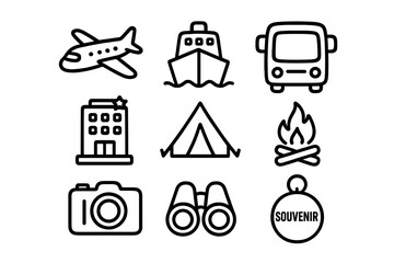 Outline symbols for travel, tourism, and vacation planning including transport, lodging, and outdoor activities