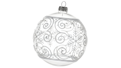 Elegant clear glass christmas ornament featuring intricate silver glitter snowflake and swirl decorations