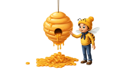 Cartoon Boy in Bee Costume with Honeycomb and Honey.