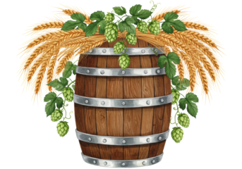 Highly detailed traditional watercolor of a rustic aged wooden barrel with silver hoops, adorned with cascading golden wheat and emerald hops against a transparent background. Concept of harvest