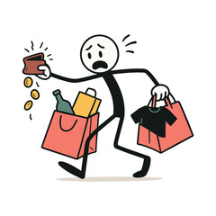 Shopping Impulsively - Wallet Shrinking Stickman Figures Vector Design