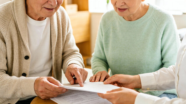 Elderly couple discussing paperwork together with agent at home in cozy setting - Powered by Adobe