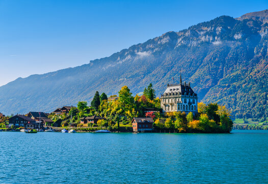 Scenic view of Seeburg Castle on Lake Brienz in autumn
