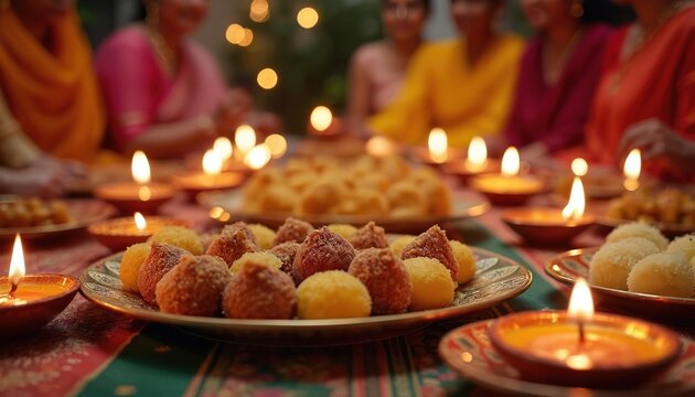 Indian family celebrates Diwali at home, sharing sweets and lighting diyas. Festive mood with traditional food and warm candlelight creates a cozy atmosphere for joy and togetherness. - Powered by Adobe