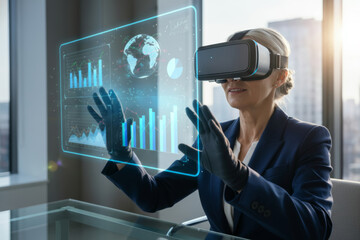 Businesswoman uses virtual reality headset in office to interact with digital data on screen while sitting at desk during daytime
