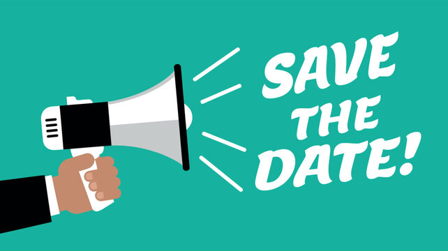 Hand Holding Megaphone Announcing Save the Date Event - Powered by Adobe