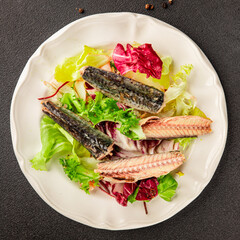 Mackerel salad canned fish, lettuce leaves tasty snack fresh delicious gourmet food table setting rustic food top view copy space keto and paleo diet vegetarian and vegan food pescetarian diet