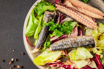 Mackerel salad canned fish, lettuce leaves tasty snack fresh delicious gourmet food table setting rustic food top view copy space keto and paleo diet vegetarian and vegan food pescetarian diet