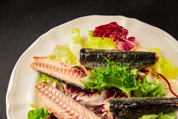 Mackerel salad canned fish, lettuce leaves tasty snack fresh delicious gourmet food table setting rustic food top view copy space keto and paleo diet vegetarian and vegan food pescetarian diet