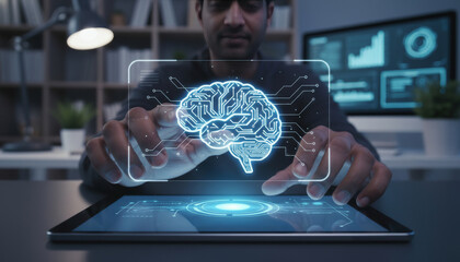 Person uses a tablet to interact with a virtual display of a brain and digital elements at a desk in an office setting during the day