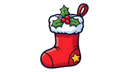 Adorable cartoon red Christmas stocking decorated with festive holly berries and a bright yellow star