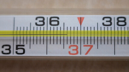 Macro shot of thermometer scale, 36.6&deg;C range