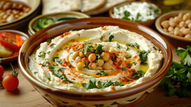 Video A bowl of creamy hummus served with chickpeas and pita chips, perfect for snacking or as a dip