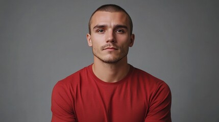 Obraz premium mockup of man wearing plain red t-shirt, relaxed pose, grey backdrop 