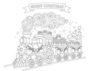 Christmas train with gifts and a tree coloring page. Template for crafting and embroidery. Vector illustration.
