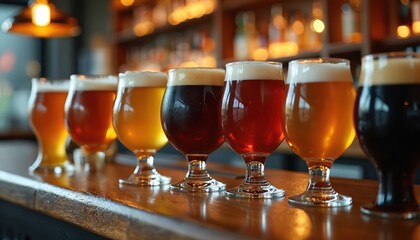 A line of assorted craft beers sits on a bar top, their foamy heads glistening under warm pub lights. Various shades from amber to dark brown suggest different styles of ale, pilsner, and stout.